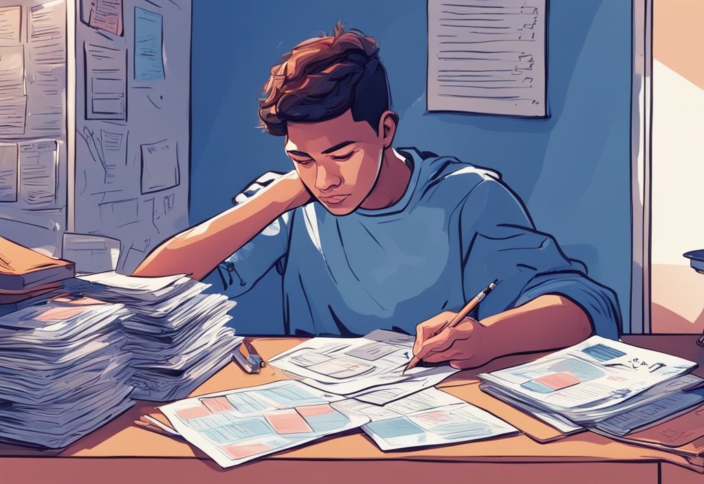 Moderner digitaler Gemäldeillustration eines Studenten an einem schwach beleuchteten Schreibtisch, umgeben von Rechnungen und Kreditanträgen, mit einem leeren Sparschwein, thematisiert Kredit für Studenten ohne Einkommen.