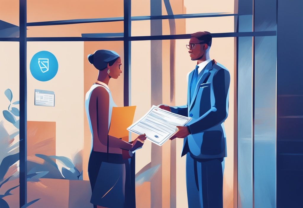 Moderne digitale Illustration in Blau: Person überreicht Dokument an Bankbeamten, symbolisiert die Rolle eines Bürgen zur Sicherung eines Kredits - Kredit mit Bürgen welche Bank.