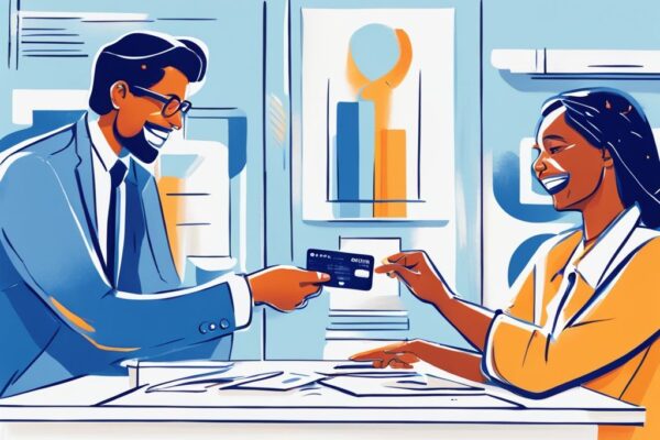 Moderne digitale Illustration: Ein Bankvertreter überreicht einer freudigen Person, die ein Hartz 4 Dokument hält, eine Kreditkarte. Keyword: welche Bank gibt Kredit trotz Hartz 4