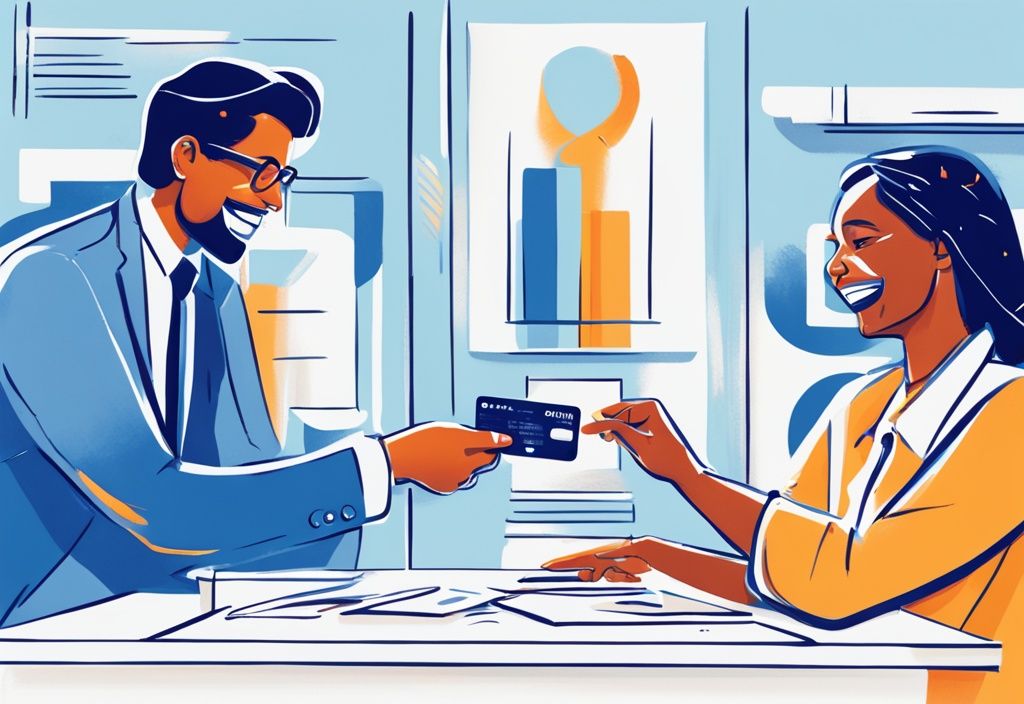 Moderne digitale Illustration: Ein Bankvertreter überreicht einer freudigen Person, die ein Hartz 4 Dokument hält, eine Kreditkarte. Keyword: welche Bank gibt Kredit trotz Hartz 4