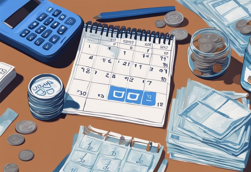Moderne digitale Malerei mit blauem Farbschema, zeigt einen Tisch mit einem Stapel Rechnungen, einem digitalen Kalender und einer Hand, die Münzen in ein Glas mit der Aufschrift "Kredit Aufstocken" legt; wie oft kann man einen Kredit aufstocken.