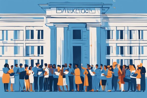 Moderne digitale Illustration mit blauem Farbschema, die eine vielfältige Gruppe von Menschen vor verschiedenen repräsentativen Bankgebäuden zeigt, die alle glücklich ein metaphorisches Darlehensgenehmigungsdokument halten; welche Banken geben Kredite.