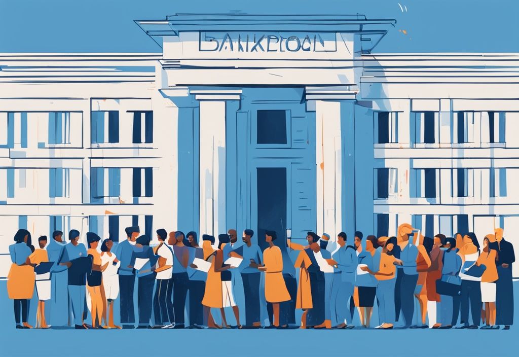 Moderne digitale Illustration mit blauem Farbschema, die eine vielfältige Gruppe von Menschen vor verschiedenen repräsentativen Bankgebäuden zeigt, die alle glücklich ein metaphorisches Darlehensgenehmigungsdokument halten; welche Banken geben Kredite.