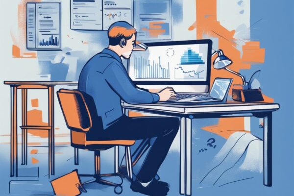 Moderne digitale Illustration einer Person, die am Schreibtisch sitzt und auf ihrem Computer eine Grafik untersucht, die die Zinssätze verschiedener Banken für Kredite vergleicht. Keyword: welche Bank hat die niedrigsten Zinsen bei Kredit.