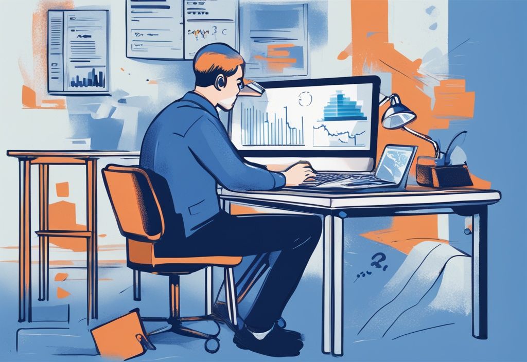 Moderne digitale Illustration einer Person, die am Schreibtisch sitzt und auf ihrem Computer eine Grafik untersucht, die die Zinssätze verschiedener Banken für Kredite vergleicht. Keyword: welche Bank hat die niedrigsten Zinsen bei Kredit.