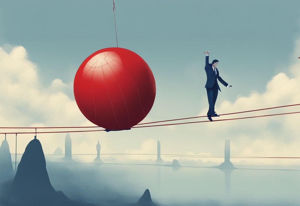 Moderne digitale Malerei mit Seiltänzer, der von einem großen roten Ball, der Schulden symbolisiert, zur sicheren Erde für finanzielle Unabhängigkeit balanciert, Hauptfarbe Blau.
