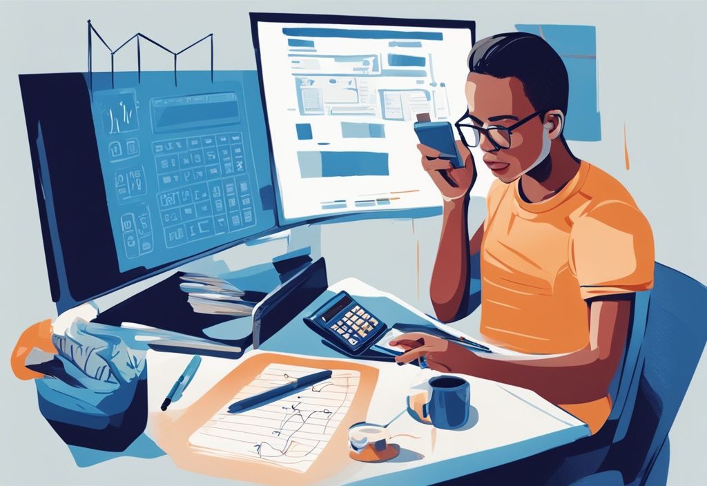 Moderne digitale Illustration einer Person, die an einem Schreibtisch sitzt, einen Taschenrechner benutzt und Notizen macht, während auf dem Computerbildschirm eine Website zur Kreditberechnung mit einem Hauptbetrag von 5000 angezeigt wird, wie viel Kredit bei 5000 netto.