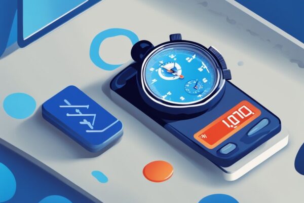 Moderne digitale Illustration in Blau mit einer Stoppuhr neben dem Targobank-Logo, symbolisierend die Bearbeitungsdauer von Targobank Online Kredit wie lange dauert die Bearbeitung.