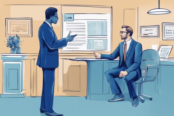 Moderne digitale Illustration, gut gekleidete Person bespricht Papiere mit Bankvertreter, zeigt auf hervorgehobenen Abschnitt, der Kreditgenehmigung während der Probezeit vorschlägt, welche Bank gibt Kredit in der Probezeit.