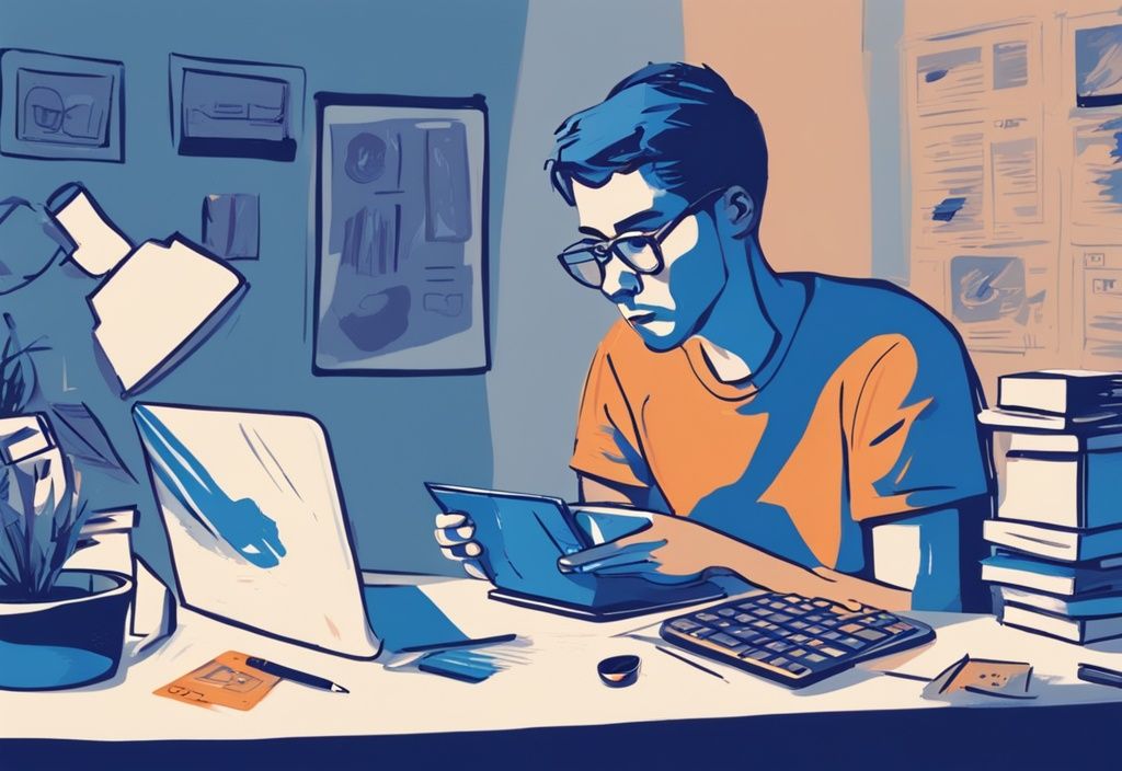 Besorgte Person nutzt Online-Kreditrechner am Computer, umgeben von Rechnungen und einer Tasse Kaffee, digitale Illustration in Blau.