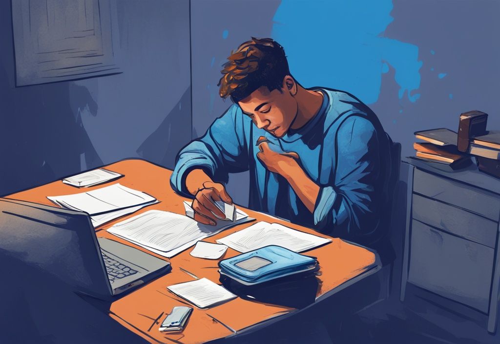 Gestresster Student an einem Schreibtisch mit Kreditpapieren und leerem Geldbeutel, digitale Illustration in Blau.