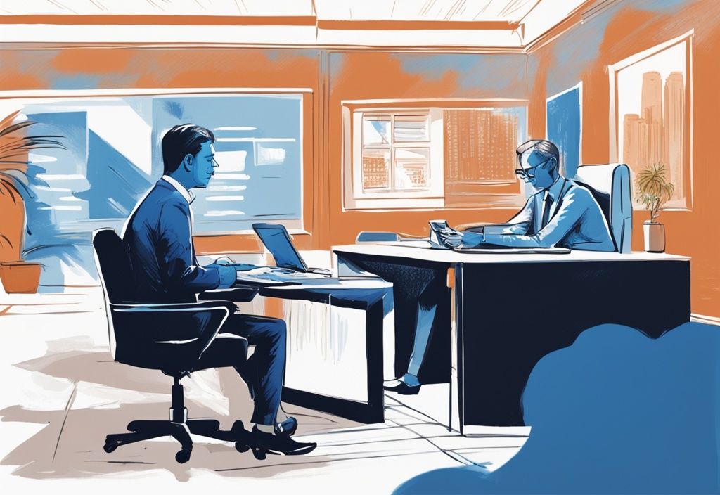 Junger Azubi bespricht mit erfahrenem Berater im Bankbüro, wie viel Kredit als Azubi möglich ist, moderne digitale Illustration in Blau.