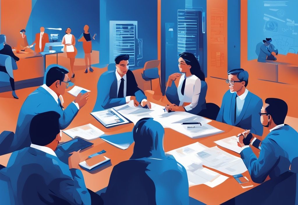 Digitale Illustration einer Beratungsszene mit vielfältiger Personengruppe und Bankvertretern, Hauptfarbe Blau, mit Logos verschiedener Banken im Hintergrund.