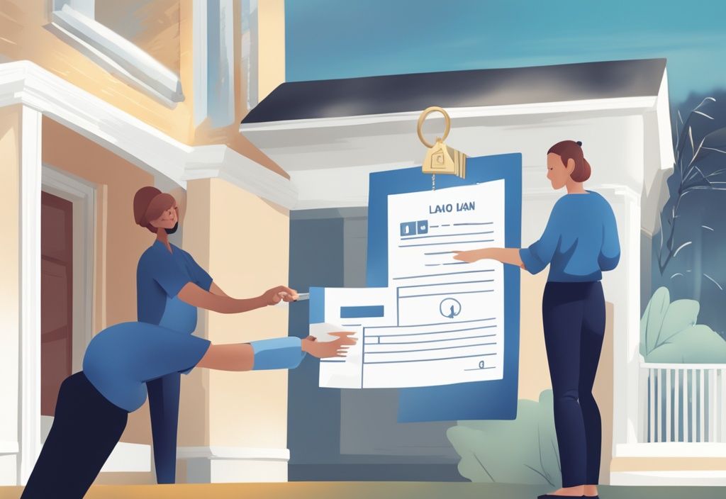 Haus wieder verkaufen trotz Kredit - Digitale Illustration eines Hausbesitzers, der die Schlüssel an einen neuen Eigentümer übergibt, mit einem Dokument über die verbleibenden Kreditschulden im Vordergrund.