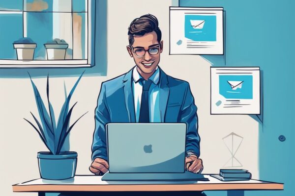 Junger Profi freut sich über positive Kreditgenehmigung auf Laptop, welche Bank gibt Kredit trotz befristetem Arbeitsvertrag, modernes digitales Gemälde in Blau.