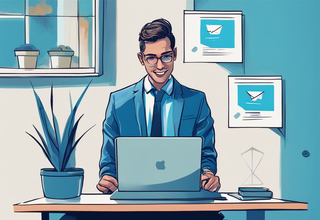 Junger Profi freut sich über positive Kreditgenehmigung auf Laptop, welche Bank gibt Kredit trotz befristetem Arbeitsvertrag, modernes digitales Gemälde in Blau.