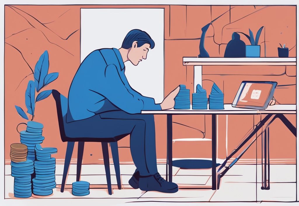 Moderne digitale Illustration: Person überlegt über Hausmodell, Waagen mit Münzen und Kreditkarte, Entscheidung über Eigenkapital für Kredit, Hauptfarbe Blau.
