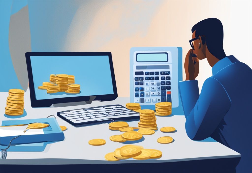 Moderne digitale Illustration einer Person am Schreibtisch, die gestapelte Münzen und einen Taschenrechner betrachtet, symbolisiert die Bewertung des Kreditpotenzials mit einem Nettoeinkommen von 4000, Hauptfarbthema Blau.