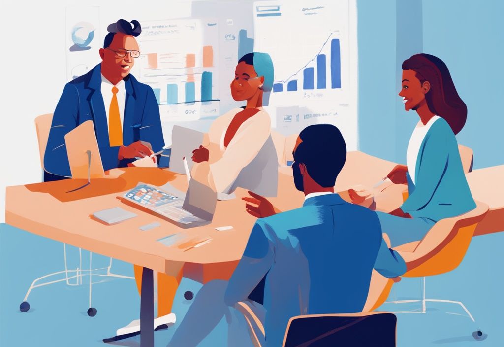 Moderne digitale Illustration eines Finanzberaters, der einer vielfältigen Gruppe von Menschen das Konzept von Bon Kredit erklärt, in Blautönen gehalten.