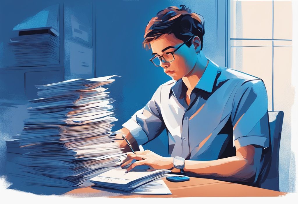 Ein junger Auszubildender überlegt über einen Stapel Bankdokumente und einen Taschenrechner, moderne digitale Illustration in Blau, finanzielle Überlegungen darstellend.