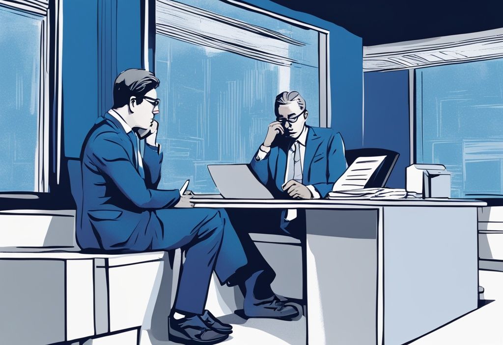 Moderne digitale Illustration eines nachdenklichen Individuums, das einem Bankvertreter gegenübersitzt, mit Kreditunterlagen und einem Taschenrechner auf dem Tisch, um die Entscheidungsfindung beim Kredit aufnehmen was beachten zu betonen.