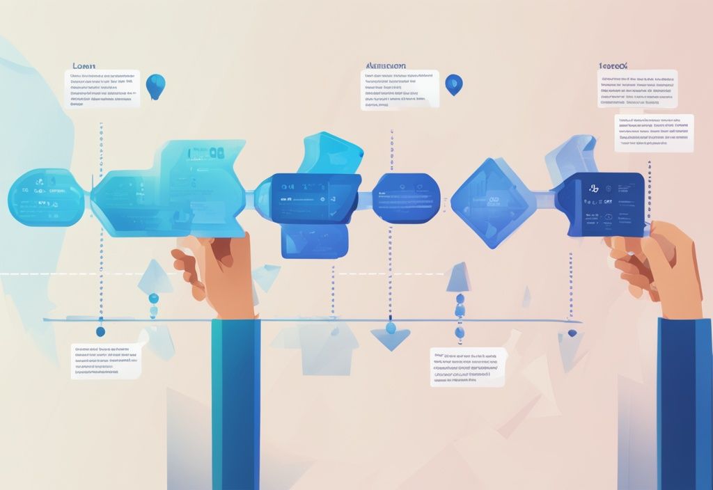 Moderne digitale Illustration in Blau, die eine Zeitleiste des Kreditprozesses bei Auxmoney zeigt, mit Fokus auf die Phase, ab wann kann man bei Auxmoney Kredit aufstocken.