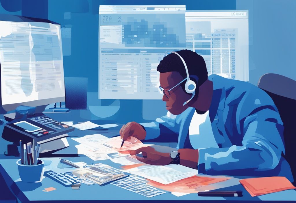 Moderne digitale Illustration einer Person, die an einem Schreibtisch sitzt, einen Taschenrechner benutzt und Unterlagen zu einem 100.000 Euro Kredit betrachtet, mit einem Computerbildschirm im Hintergrund, der eine Finanzwebsite anzeigt.