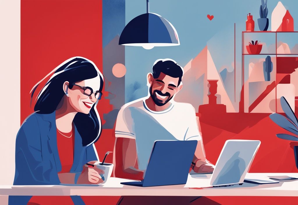 Modernes digitales Gemälde einer glücklichen Paar, das seine verbesserten Kredit-Scores auf einem Laptop überprüft, mit dezent im Hintergrund angezeigtem Santander-Logo – Santander Kredit Erfahrungen.