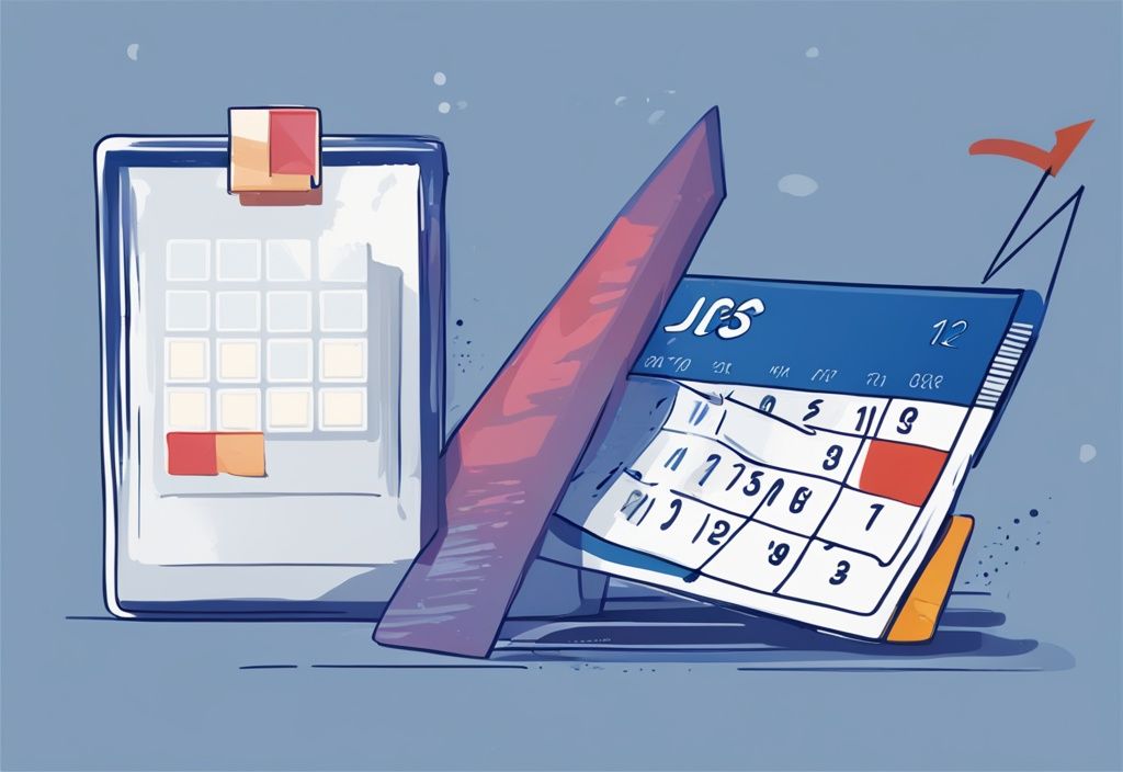 Digitale Illustration: Kalender mit markiertem Datum, Kreditkarte und Pfeil, der das Verschieben eines Termins symbolisiert, in Blau gehalten.