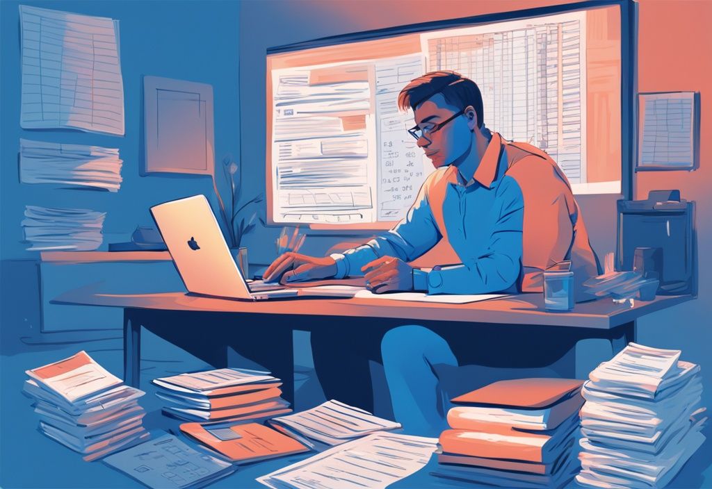 Moderne digitale Illustration einer nachdenklichen Person, umgeben von Finanzdokumenten und einem Taschenrechner, der 400.000 anzeigt, was kostet ein Kredit über 400.000 Euro.