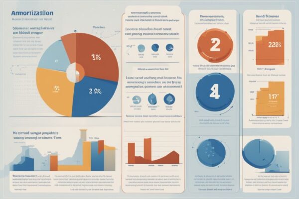 Moderne digitale Illustration mit blauem Farbschema, zeigt Infografik zur Erklärung von "was ist eine Tilgung bei einem Kredit", mit einem Tortendiagramm für Zinsen und Tilgung, einem abnehmenden Kreditbilanzdiagramm und kleinen Figuren, die Zahlungen leisten.