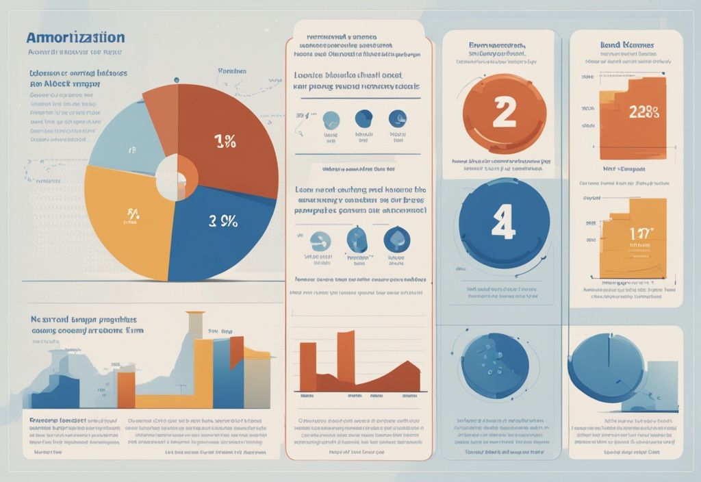 Moderne digitale Illustration mit blauem Farbschema, zeigt Infografik zur Erklärung von "was ist eine Tilgung bei einem Kredit", mit einem Tortendiagramm für Zinsen und Tilgung, einem abnehmenden Kreditbilanzdiagramm und kleinen Figuren, die Zahlungen leisten.