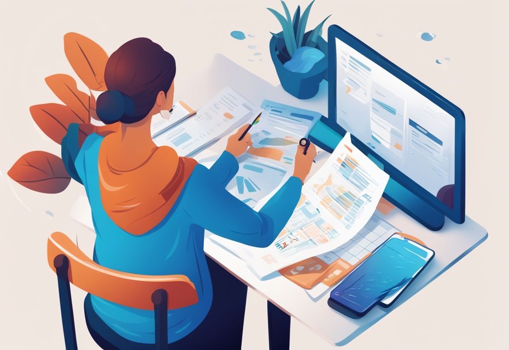 Eine Person vergleicht glücklich verschiedene Kreditangebote auf einem Tisch, mit dem Verivox-Logo sichtbar, digitale Illustration in Blau.