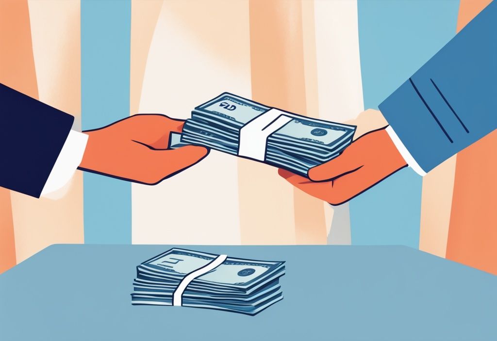 Moderne digitale Illustration in Blautönen, die eine Person zeigt, die einer anderen Geld überreicht, was bedeutet Kredit ablösen symbolisiert.