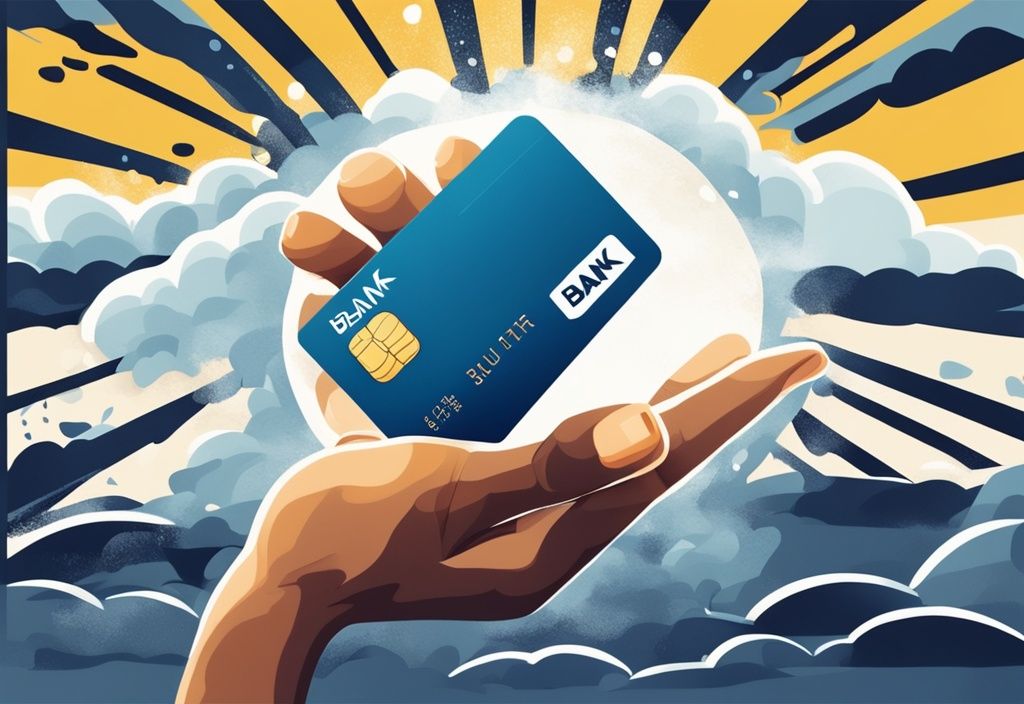 Digitale Illustration einer Hand, die eine Kreditkarte durch stürmisches, dunkles Wetter in sonniges Wetter übergibt, symbolisiert die Überwindung negativer Schufa, Hauptfarbe Blau.