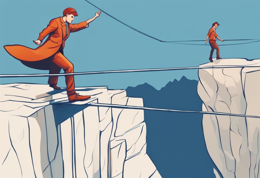 Moderne digitale Illustration in Blau: Selbstbewusste Person balanciert präzise auf einem Hochseil über einer Schlucht, symbolisiert die Situation, Dispo ausgleichen ohne Kredit.