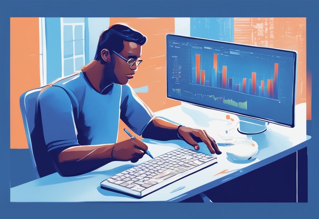 Moderner digitaler Gemäldeillustration eines Mannes, der die Höhe des Eigenkapitals aus einem Darlehen berechnet, dargestellt durch ein Diagramm auf dem Computerbildschirm, mit dem Hauptfarbthema Blau.