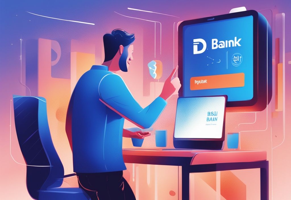 Moderne digitale Malerei, Person zeigt Freude und Erleichterung vor einem Bildschirm mit der Anzeige "DSL Bank Darlehen genehmigt: Auszahlung steht bevor", Hauptfarbe Blau