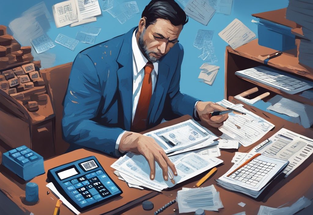 Moderner digitaler Gemälde-Illustration eines gestressten Kreditnehmers, umgeben von verschiedenen Kreditverträgen, einem offensichtlichen Taschenrechner und einem Zählrahmen, mit dem Keyword wie viele Kredite darf man haben.