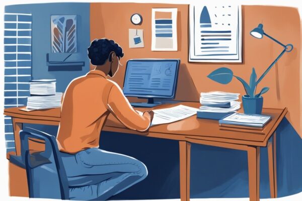 Person prüft Papierkram mit Berechnungen für einen Eigenheimkredit in gemütlichem Büro, moderne digitale Illustration in Blau, Kredit wie viel Eigenkapital.