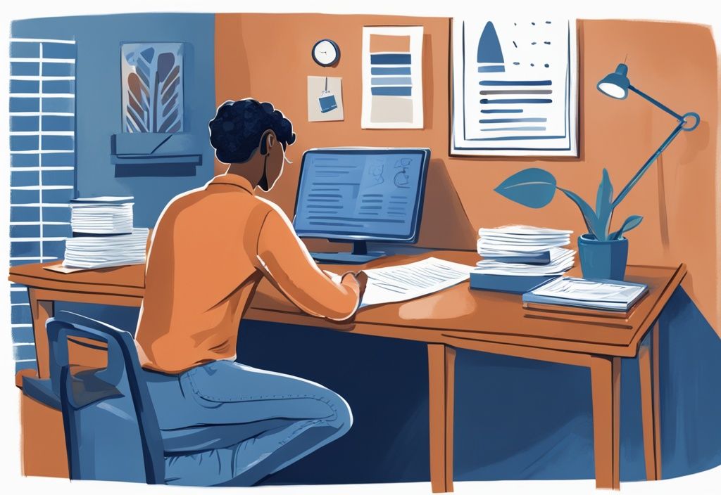 Person prüft Papierkram mit Berechnungen für einen Eigenheimkredit in gemütlichem Büro, moderne digitale Illustration in Blau, Kredit wie viel Eigenkapital.