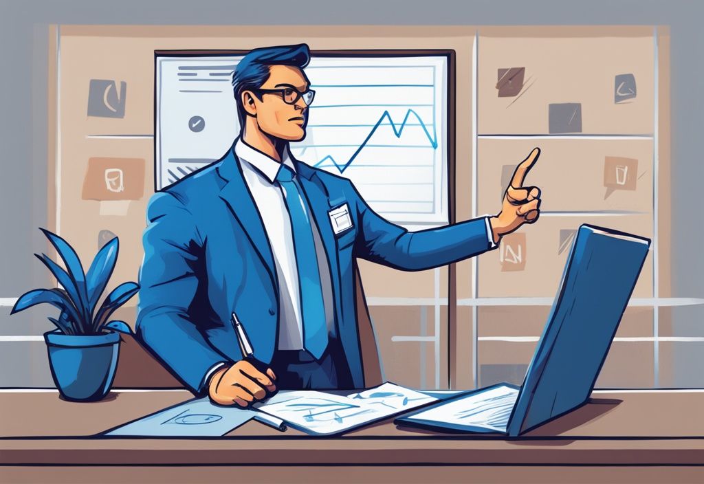 Moderner digitaler Gemäldeillustration eines selbstbewussten Bankvertreters, der auf eine Grafik mit Kreditgenehmigungsraten für Personen in der Probezeit zeigt, Hauptfarbthema Blau.