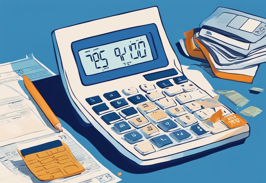 Moderne digitale Illustration mit blauem Farbschema: Taschenrechner mit Anzeige von €150.000 und Papierstapel, der den Prozess und die Kosten eines Kredits symbolisiert.