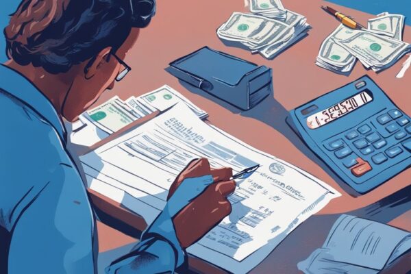 Moderne digitale Illustration in Blau: Person prüft Dokument "Darlehensvereinbarung" mit Taschenrechner und Dollar-Scheinen auf dem Tisch, was kostet ein Kredit berechnend.