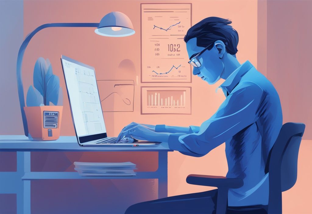 Moderne digitale Illustration einer Person, die an einem Schreibtisch sitzt und mit einem Laptop Kreditoptionen berechnet; Infografik zeigt "Kredit für 6000 Netto" - wie viel Kredit bei 6000 netto.