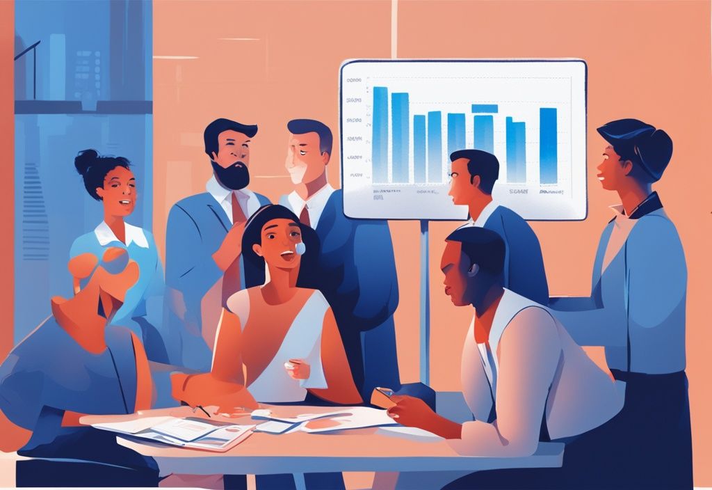 Moderne digitale Illustration eines Finanzberaters, der einer vielfältigen Gruppe von Menschen das Konzept von Bon Kredit erklärt, mit Blau als Hauptfarbe.