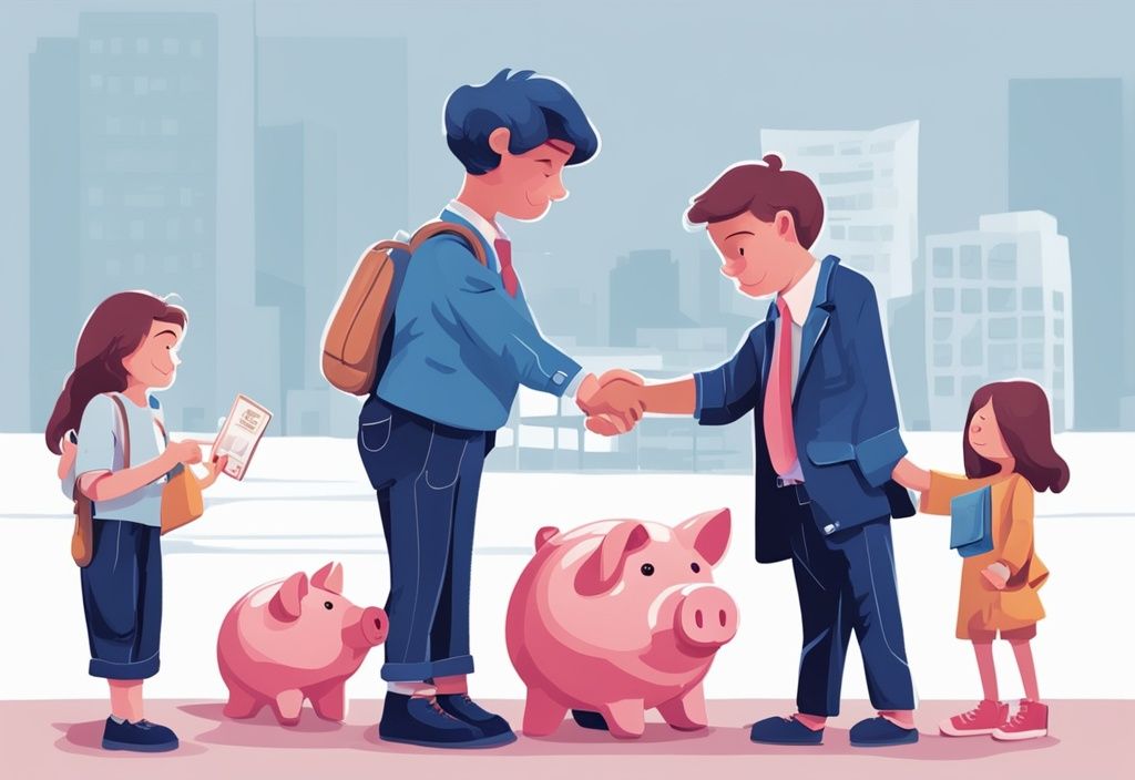 Moderne digitale Malerei, Lebensphasen: Kind mit Sparschwein, Teenager mit Sparbuch, Erwachsener schüttelt Bankier die Hand, Hauptfarbe Blau