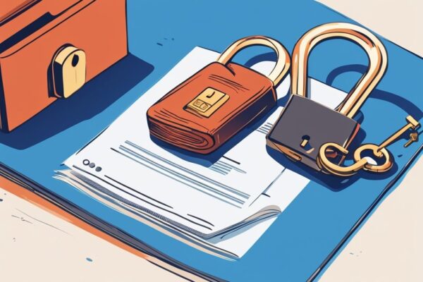 Moderne digitale Illustration in Blau: Restschuldversicherungsdokumente neben einem vollständig abbezahlten Kreditvertrag mit symbolischem Schloss, das die Beendigung der Versicherung nach Kreditrückzahlung zeigt. Keyword: was passiert mit der Restschuldversicherung wenn der Kredit abbezahlt ist.