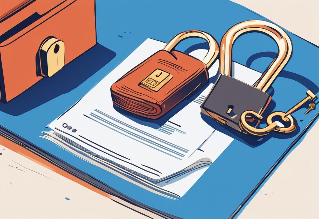 Moderne digitale Illustration in Blau: Restschuldversicherungsdokumente neben einem vollständig abbezahlten Kreditvertrag mit symbolischem Schloss, das die Beendigung der Versicherung nach Kreditrückzahlung zeigt. Keyword: was passiert mit der Restschuldversicherung wenn der Kredit abbezahlt ist.