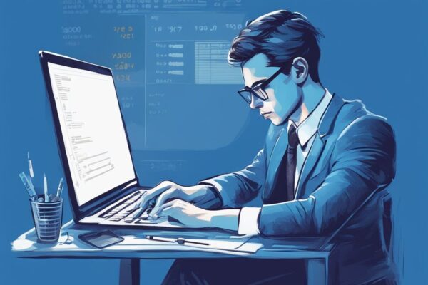 Junger Profi betrachtet nachdenklich Laptop-Bildschirm mit Kreditrechner für nettoeinkommen von 3000, wie viel Kredit bei 3000 netto.